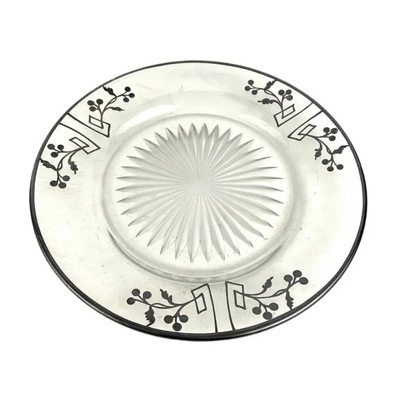 VTG Sterling Silver Overlay Starburst Etched Glass Plate 7.25" - Picture 1 of 16